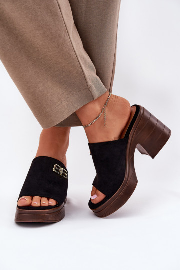 Sabots en noir pour femmes à talons massifs avec détails dorés, Vinceza 17400 2