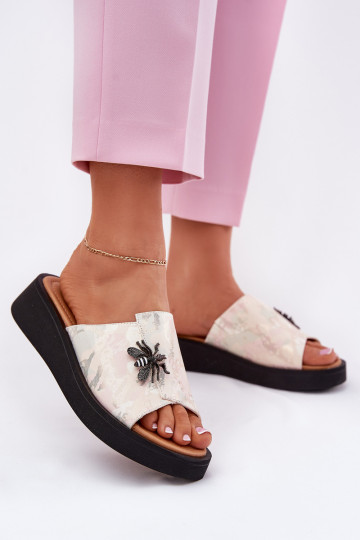 Leren pantoffels Dames Z Broszką Vinceza 66752 beige 2