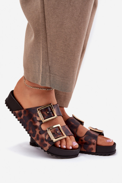 Duftend Damenhausschuhe mit Schnallen mit Leopardenfellmuster ZAXY RR285059 braune Farbe