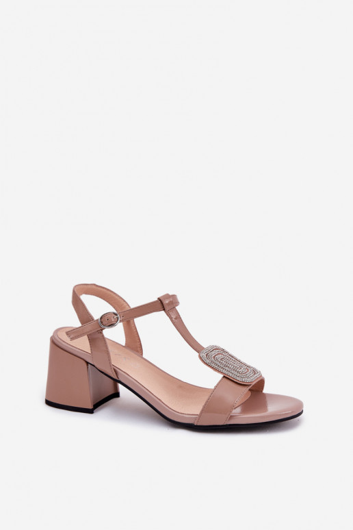 Peau Sandales laquées pour femme avec des talons avec des ornements Vinceza 91134 beige