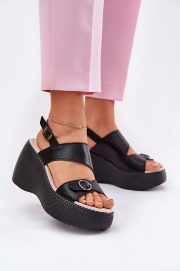 Damensandalen Feminin Auf einem Keil und Plattform S.Barski LR51-540 schZuarze Farbe