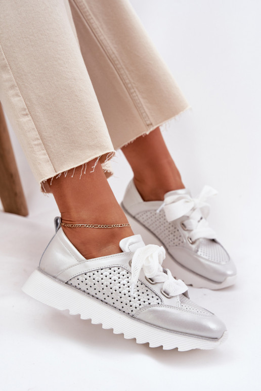 Leer Sneakers model schoenen Dames met platform D&A LR51-796 zilvere kleur