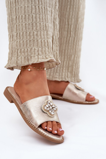 Damenhausschuhe mit breiten Absätzen Mit Dekorationen Detalem S.Barski KV51-087 goldene Farbe 2