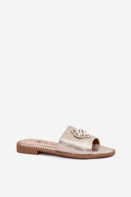 Pantoufles pour femmes avec des talons larges Avec des décorations Detalem S.Barski KV51-087 couleur dorée