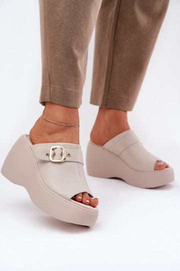 Leren pantoffels Dames met platform I Koturnie met gespen S.Barski LR51-542 beige 2