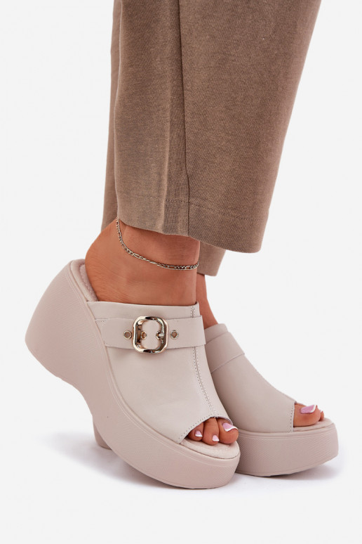 Leren pantoffels Dames met platform I Koturnie met gespen S.Barski LR51-542 beige