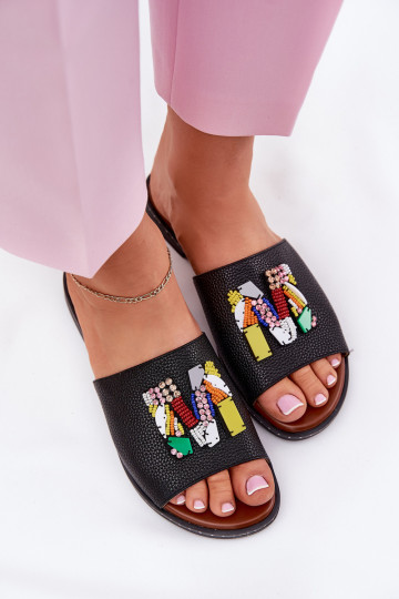 Chaussons noirs pour femmes avec talons larges et ornements, « Clelione »