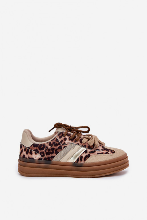 Sneakers Stilvollllschuhe Feminin mit einer Plattform Z PodZuójnym Schnürungm mit Leopardenfellmuster Beige Niteria