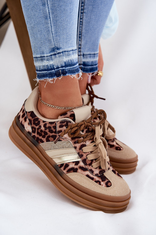 Sneakers Stilvollllschuhe Feminin mit einer Plattform Z PodZuójnym Schnürungm mit Leopardenfellmuster Beige Niteria