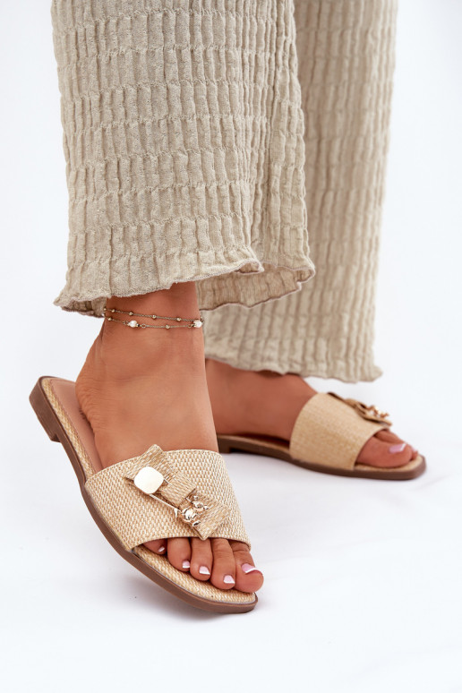 Damenhausschuhe mit breiten Absätzen mit Bändern Beige Sallariela Damenhausschuhe mit breiten Absätzen mit Bändern Beige Sallariela