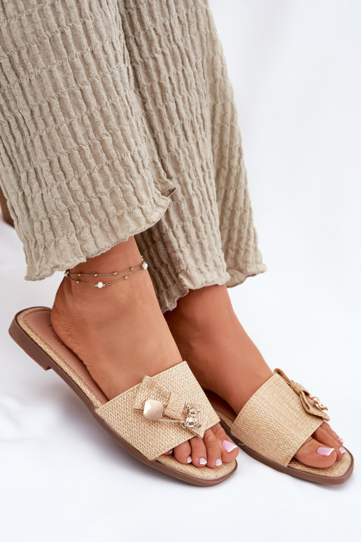 Damenhausschuhe mit breiten Absätzen mit Bändern Beige Sallariela Damenhausschuhe mit breiten Absätzen mit Bändern Beige Sallariela