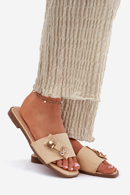 Damenhausschuhe mit breiten Absätzen mit Bändern Beige Sallariela Damenhausschuhe mit breiten Absätzen mit Bändern Beige Sallariela