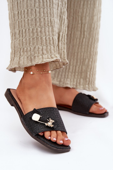 Damenhausschuhe mit breiten Absätzen mit Bändern schZuarze Farbe Sallariela