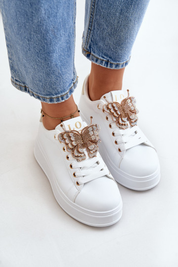 Sneakers Stilvollllschuhe Feminin mit einer Plattform Z Schmetterlingem INeiß-goldene Farbe Ermöglichtritevia