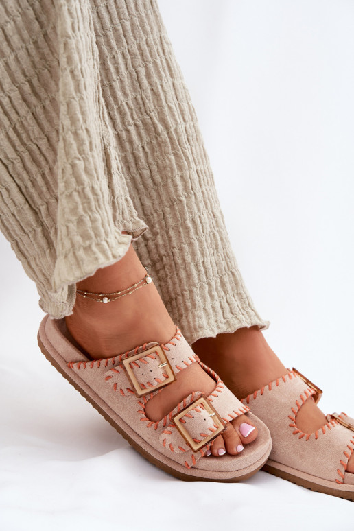 Pantoufles pour femmes avec boucles I Ozdobnym Obszyciem beige Visley Pantoufles pour femmes avec boucles I Ozdobnym Obszyciem beige Visley