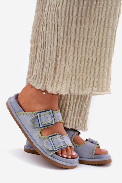 Damenhausschuhe mit Schnallen I Ozdobnym Obszyciem blaue Farbe Visley