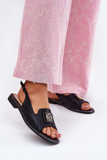 Eleganter Stil Damensandalen mit breiten Absätzen mit Ornamenten S.Barski KV51-082 schZuarze Farbe