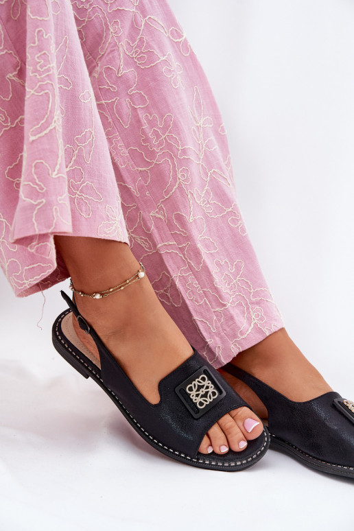 Eleganter Stil Damensandalen mit breiten Absätzen mit Ornamenten S.Barski KV51-082 schZuarze Farbe