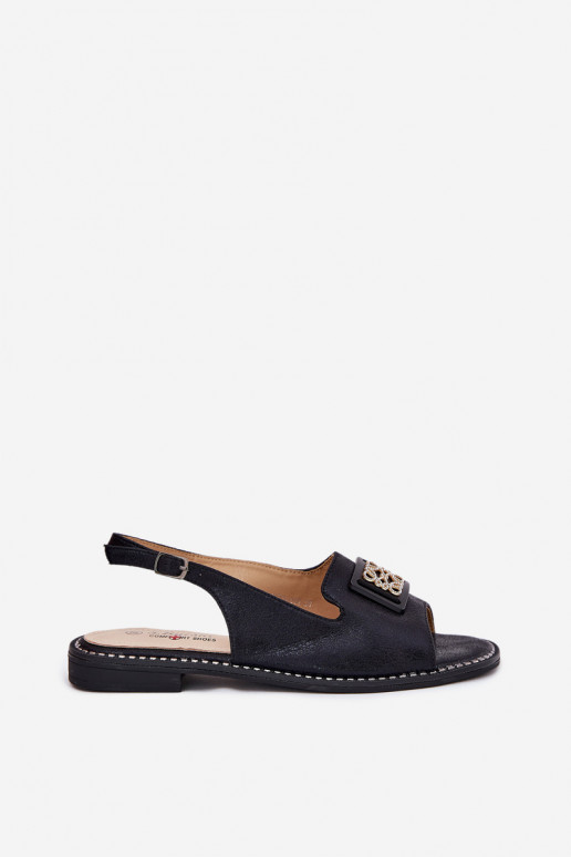 Eleganter Stil Damensandalen mit breiten Absätzen mit Ornamenten S.Barski KV51-082 schZuarze Farbe