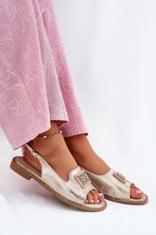 Eleganter Stil Damensandalen mit breiten Absätzen mit Ornamenten S.Barski KV51-082 goldene Farbe