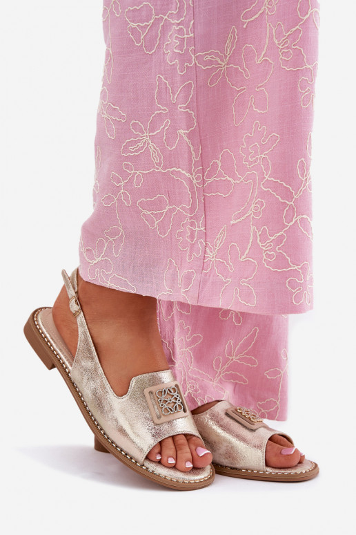 Eleganter Stil Damensandalen mit breiten Absätzen mit Ornamenten S.Barski KV51-082 goldene Farbe