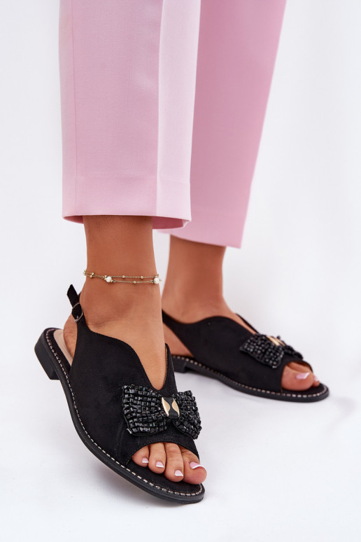 Sandales pour femmes avec des rubans avec des talons larges S.Barski KV51-014 couleur noire