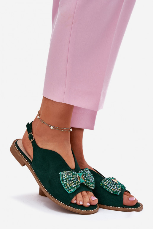 Dames sandalen met linten met brede hakken S.Barski KV51-014 groene kleur