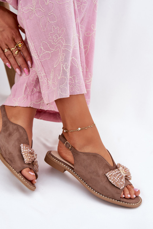 Dames sandalen met linten met brede hakken S.Barski KV51-014 beige