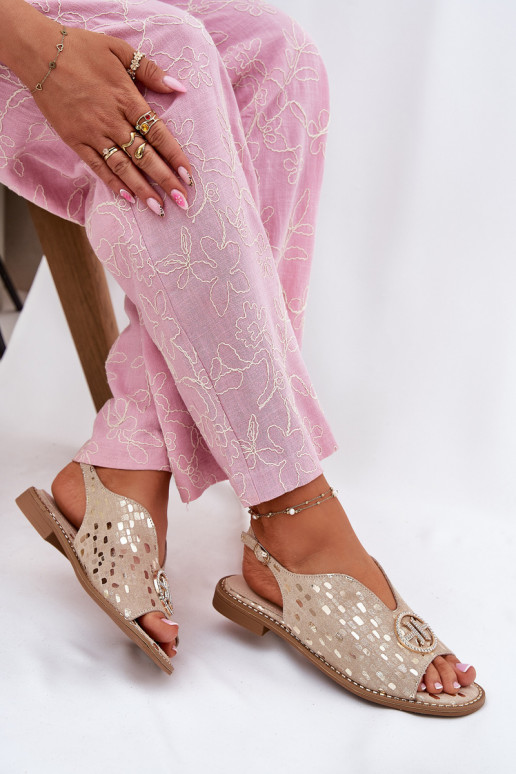 Dames sandalen met brede hakken met ornamenten S.Barski KV51-094 gouden kleur