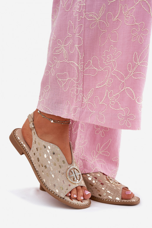 Damensandalen mit breiten Absätzen mit Ornamenten S.Barski KV51-094 goldene Farbe