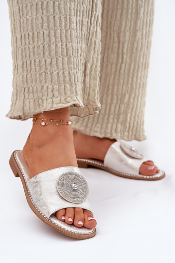 Pantoufles pour femmes avec des talons larges avec des ornements S.Barski KV51-013 couleur argent