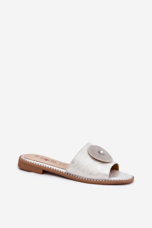 Pantoufles pour femmes avec des talons larges avec des ornements S.Barski KV51-013 couleur argent