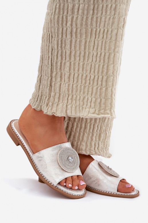 Damenhausschuhe mit breiten Absätzen mit Ornamenten S.Barski KV51-013 Silberfarbe