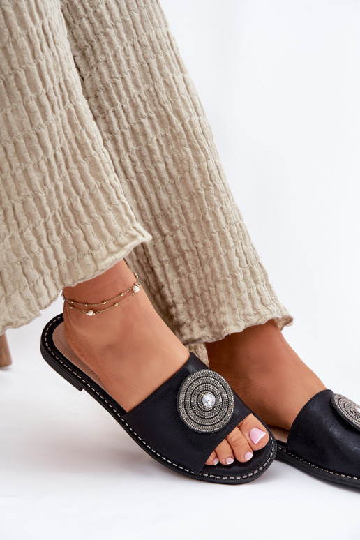 Damenhausschuhe mit breiten Absätzen mit Ornamenten S.Barski KV51-013 schZuarze Farbe