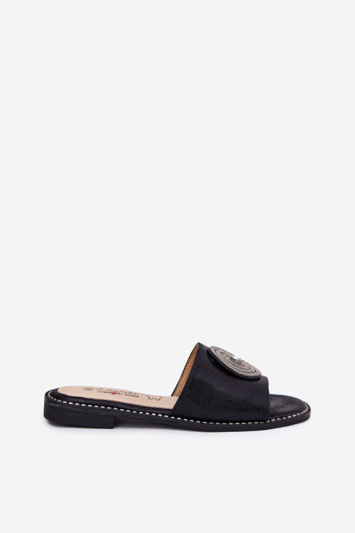Pantoufles pour femmes avec des talons larges avec des ornements S.Barski KV51-013 couleur noire Pantoufles pour femmes avec des talons larges avec des ornements S.Barski KV51-013 couleur noire