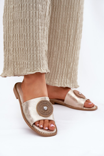 Damespantoffels met brede hakken met ornamenten S.Barski KV51-013 gouden kleur