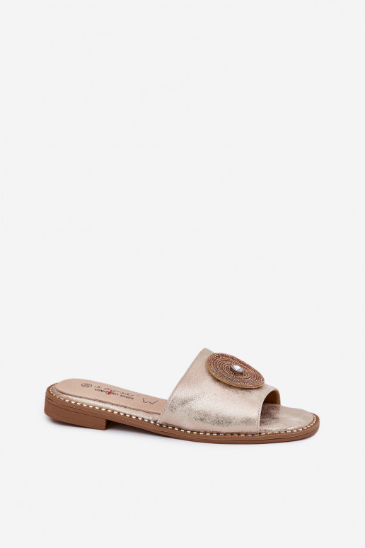 Damenhausschuhe mit breiten Absätzen mit Ornamenten S.Barski KV51-013 goldene Farbe