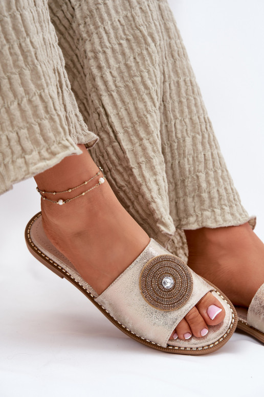 Damespantoffels met brede hakken met ornamenten S.Barski KV51-013 gouden kleur