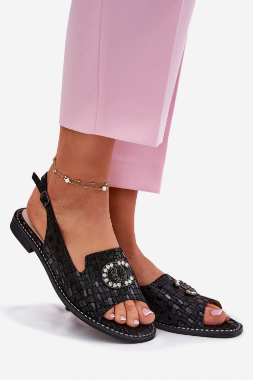 Sandales pour femmes avec des ornements avec des talons larges S.Barski KV51-096 couleur noire