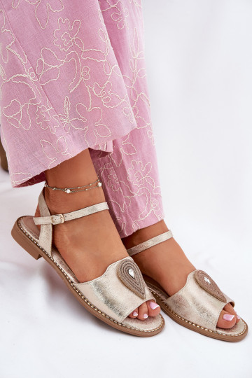 Damensandalen mit breiten Absätzen mit Ornamenten S.Barski KV51-098 goldene Farbe