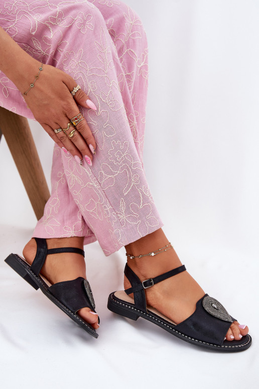 Sandales pour femmes avec des talons larges avec des ornements S.Barski KV51-098 couleur noire