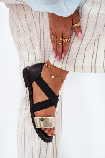Flache Sandalen für Damen Z Elastycznymi Paskami SchZuarz und-goldene Farbe Es mussrinea 2