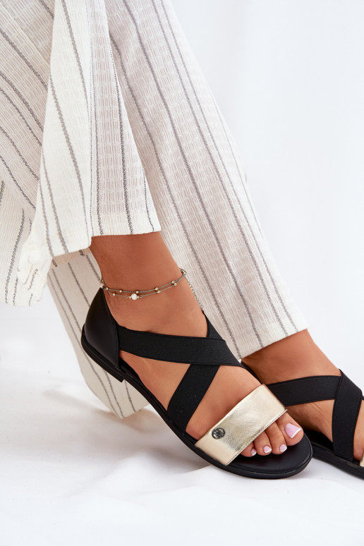 Flache Sandalen für Damen Z Elastycznymi Paskami SchZuarz und-goldene Farbe Es mussrinea