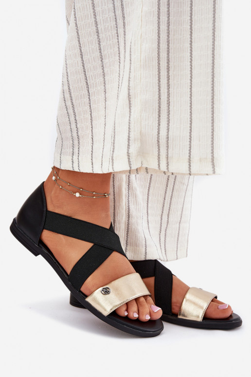 Flache Sandalen für Damen Z Elastycznymi Paskami SchZuarz und-goldene Farbe Es mussrinea