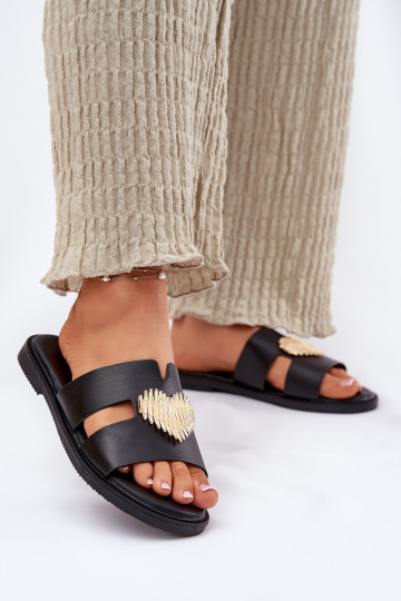 Pantoufles pour femmes avec des talons larges avec des détails dorés couleur noire Karinma 2