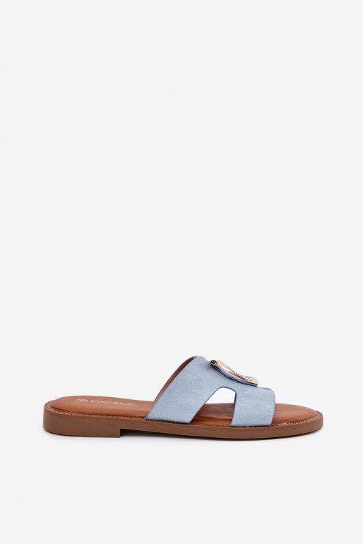 Damenhausschuhe mit breiten Absätzen mit Ornamenten Vinceza 17381 blaue Farbe