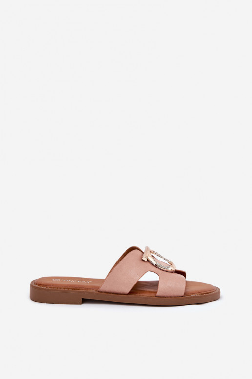 Damespantoffels met brede hakken met ornamenten Vinceza 17381 beige