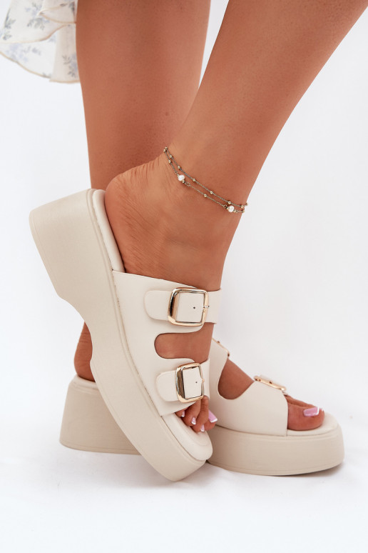 Damespantoffels Op de INig en platform met gespen ivoor Nitarelia Damespantoffels Op de INig en platform met gespen ivoor Nitarelia