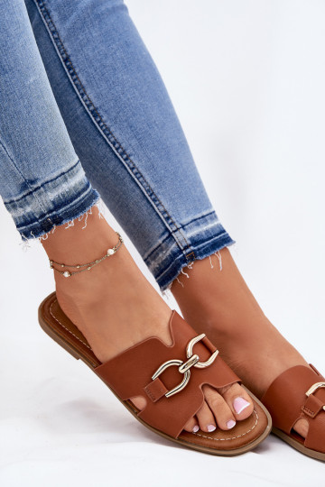 Slippers Dames plat Met sierlijk Detalem bruine kleur Amiresna