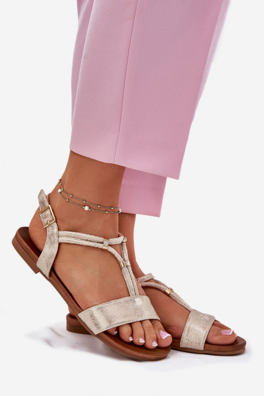 Dames Platte sandalen Met Strepen S.Barski KV51-120 gouden kleur